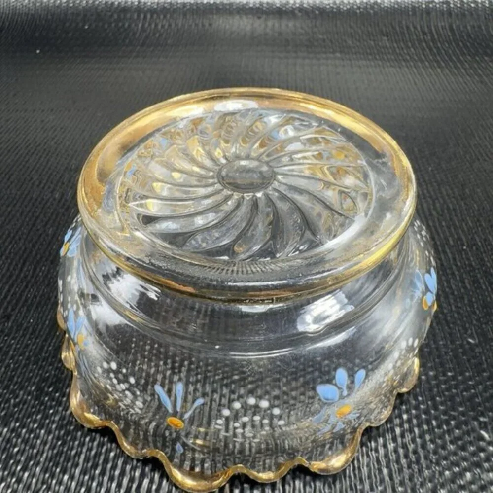 Antique Enameled Paint‎ Glass Bowl Dish Gold Painted Edge Manganese 365nm Set 4